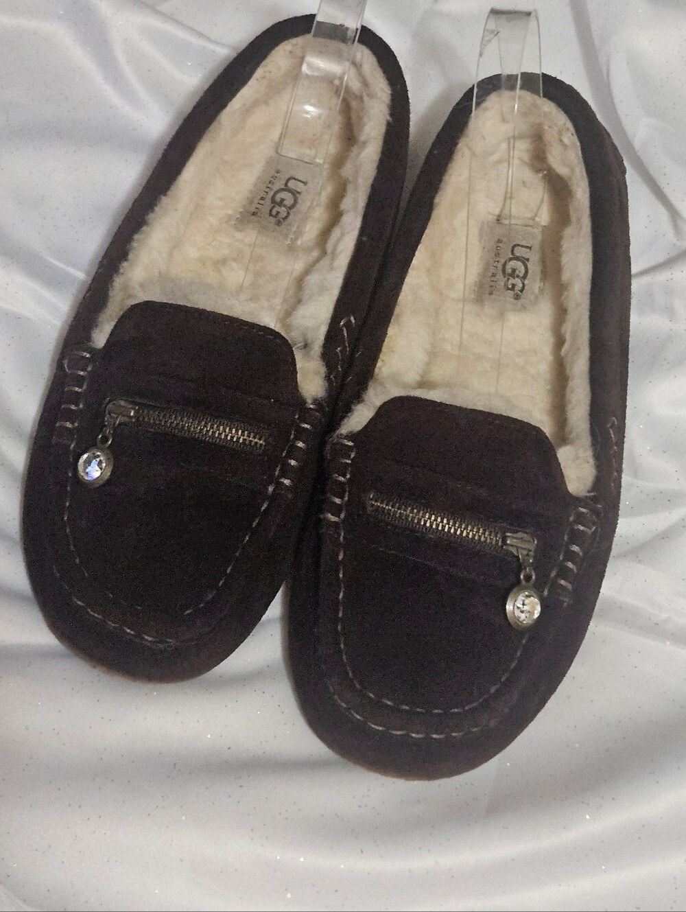 UGG Womens Dark Brown Suede Shearling-Lined Moccasin Slippers Size 9